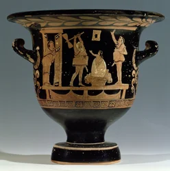Crátera de campana de figuras rojas decorada con una escena de una obra, Apulia (cerámica)